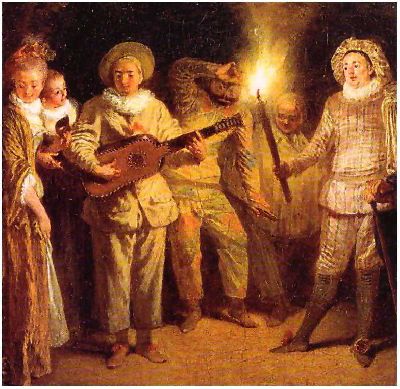<i>L'Amour au Thétre Italien</i> (Scaramuccia, Pierrot, Arlecchino, Mezzetino and other Masks, detail), Antoine Watteau, 1718