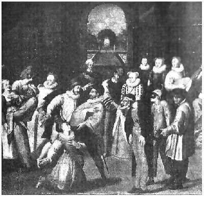 Ganassa's troupe, playing alongside aristocrats of the Court of Charles IX (Cf. details in the text above), Frans or Paul Porbus, Bayeux Museum</i> (Scaramuccia, Pierrot, Arlecchino, Mezzetino and Masks, detail), Antoine Watteau, 1718