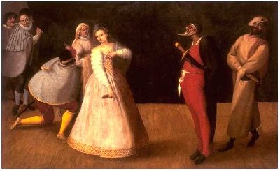Performance by the <i>Gelosi</i> with Isabella Andreini (?) as Colombina, Musée Carnavalet, Paris</i> (Scaramuccia, Pierrot, Arlecchino, Mezzetino and Masks, detail), Antoine Watteau, 1718