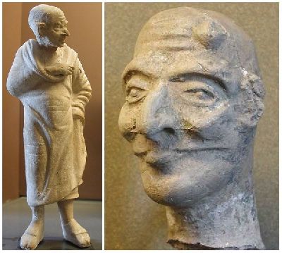Maccus and head of an actor in an <i>Atellan</i> farce with half-mask, terracotta, First Century BC